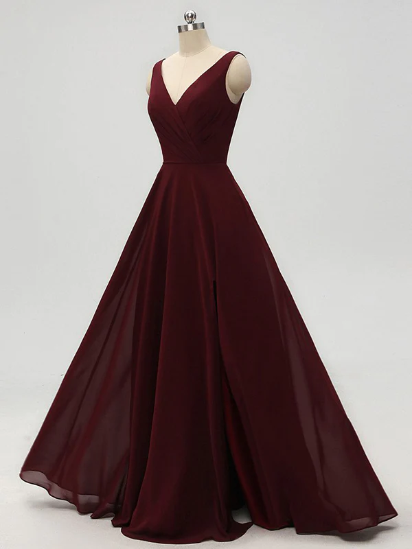 A-line V-neck Burgundy Chiffon Prom Dresses With Pleats C1739