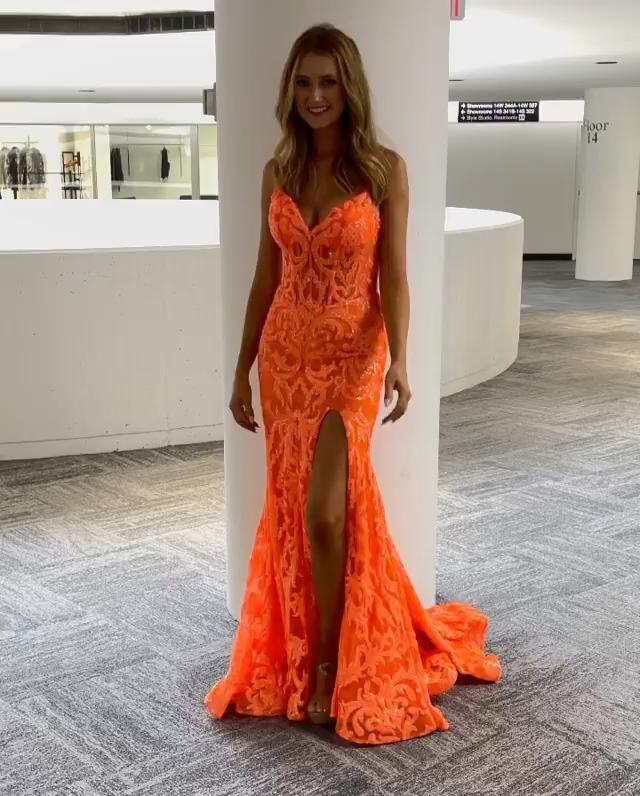 Beautiful Sheer V Neck Orange Prom Dress Lace Applique Orange Evening Dress c2882