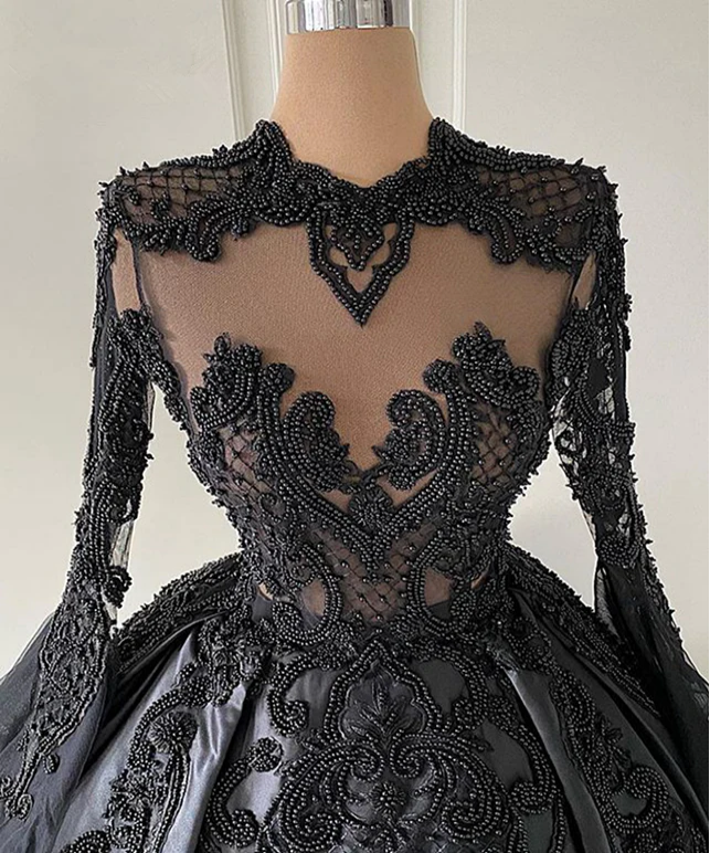 Puffy Ball Gown Women Long Sleeve Evening Dress Black Lace Twill Satin Beaded Dubai Style Formal Prom Dresses c3303