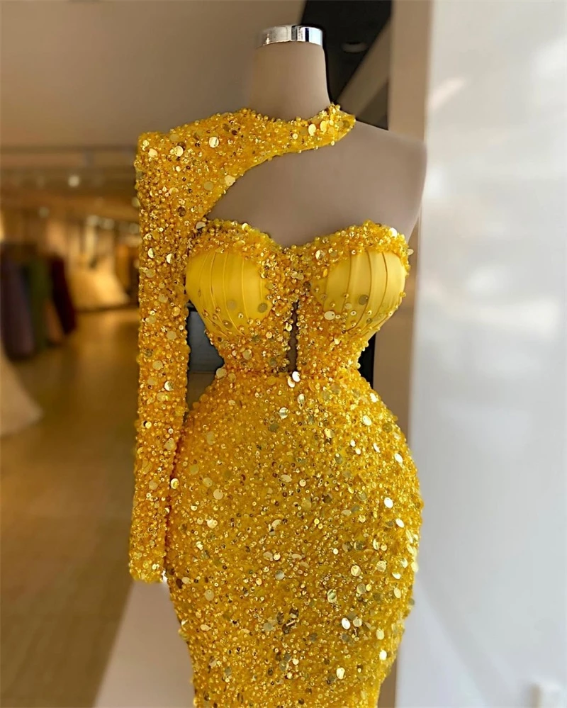 Yellow sequin mermaid long prom dress, sexy evening dress C1763