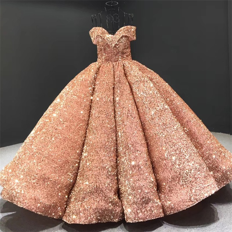 Sparkly Sweetheart Off The Shoulder Ball Gown Wedding Dresses | Sequin Puffy Bridal Gown c3259
