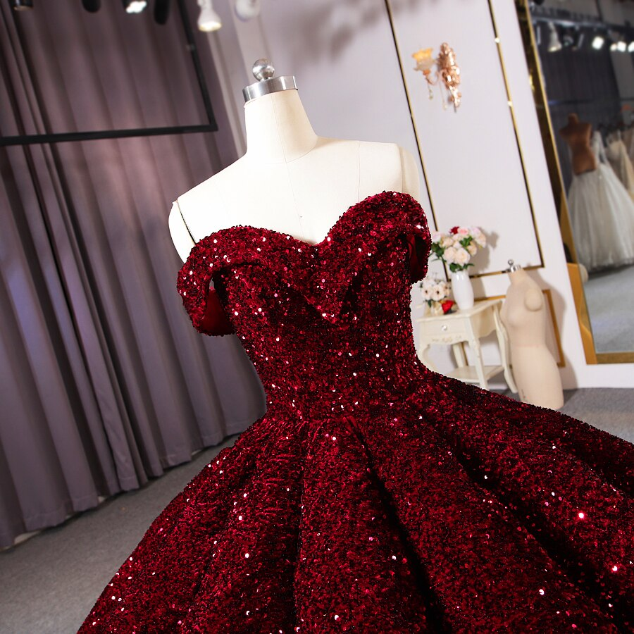 Burgundy Quinceanera Dress Off The Shoulder Sequins Ball Gown Sweet 16 Dress c2562