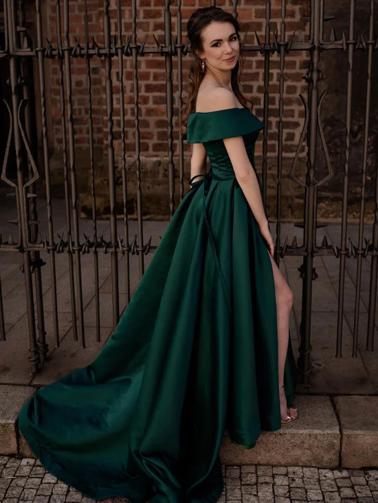 Simple green off shoulder satin long prom dress, green evening dress cc86