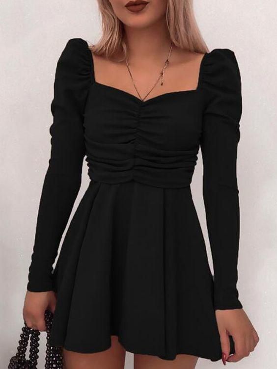 Black Pleated Square Neck Puff Sleeve Party Dress cc304