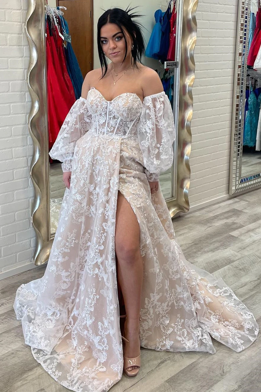 Sparkle Princess Bustier Puff Sleeve Lace Long Prom Dress Detachable Sleeves Evening Dress c2486
