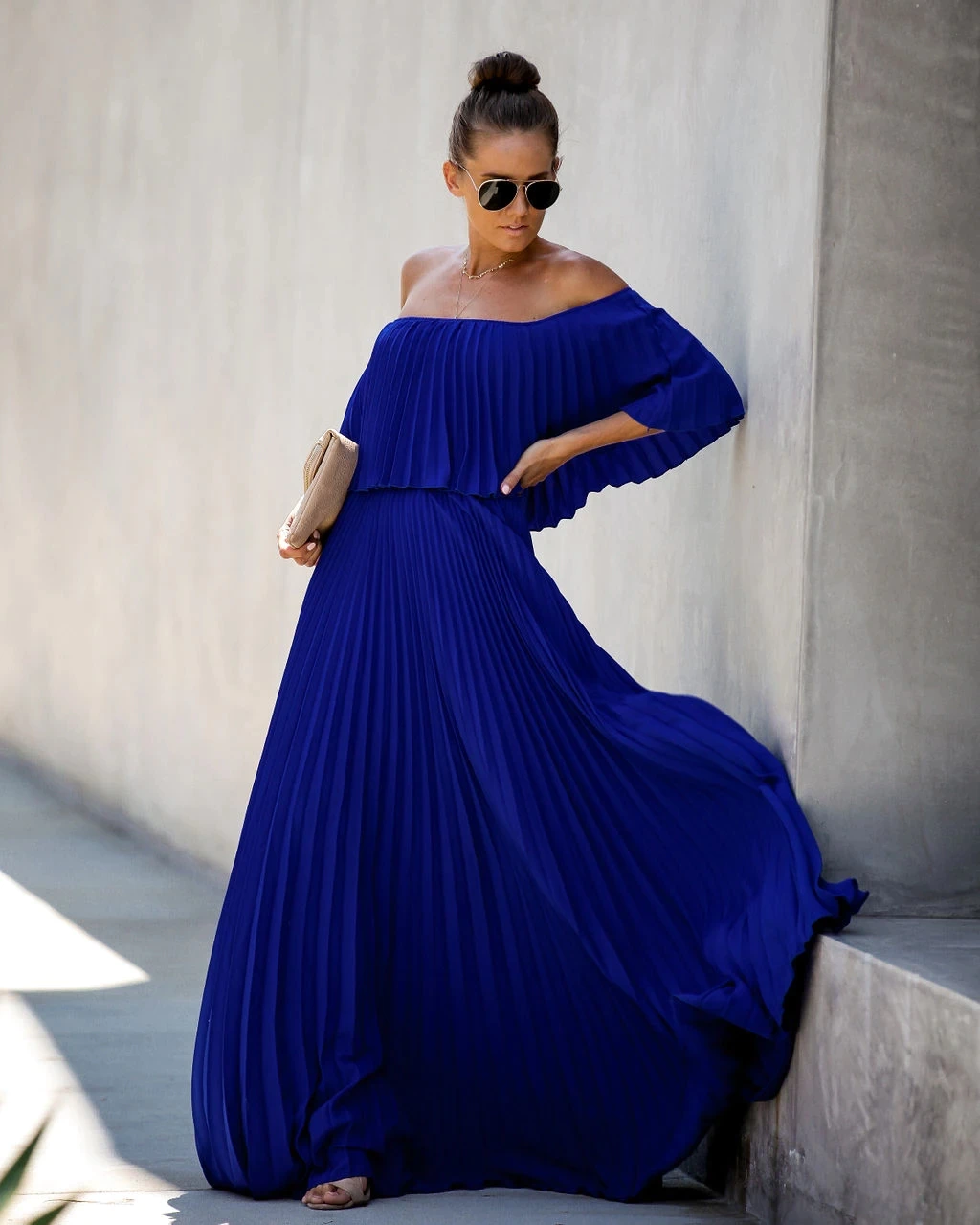 Elegant Off Shoulder Chiffon Summer Ruffle Pleated Prom Dresses C749