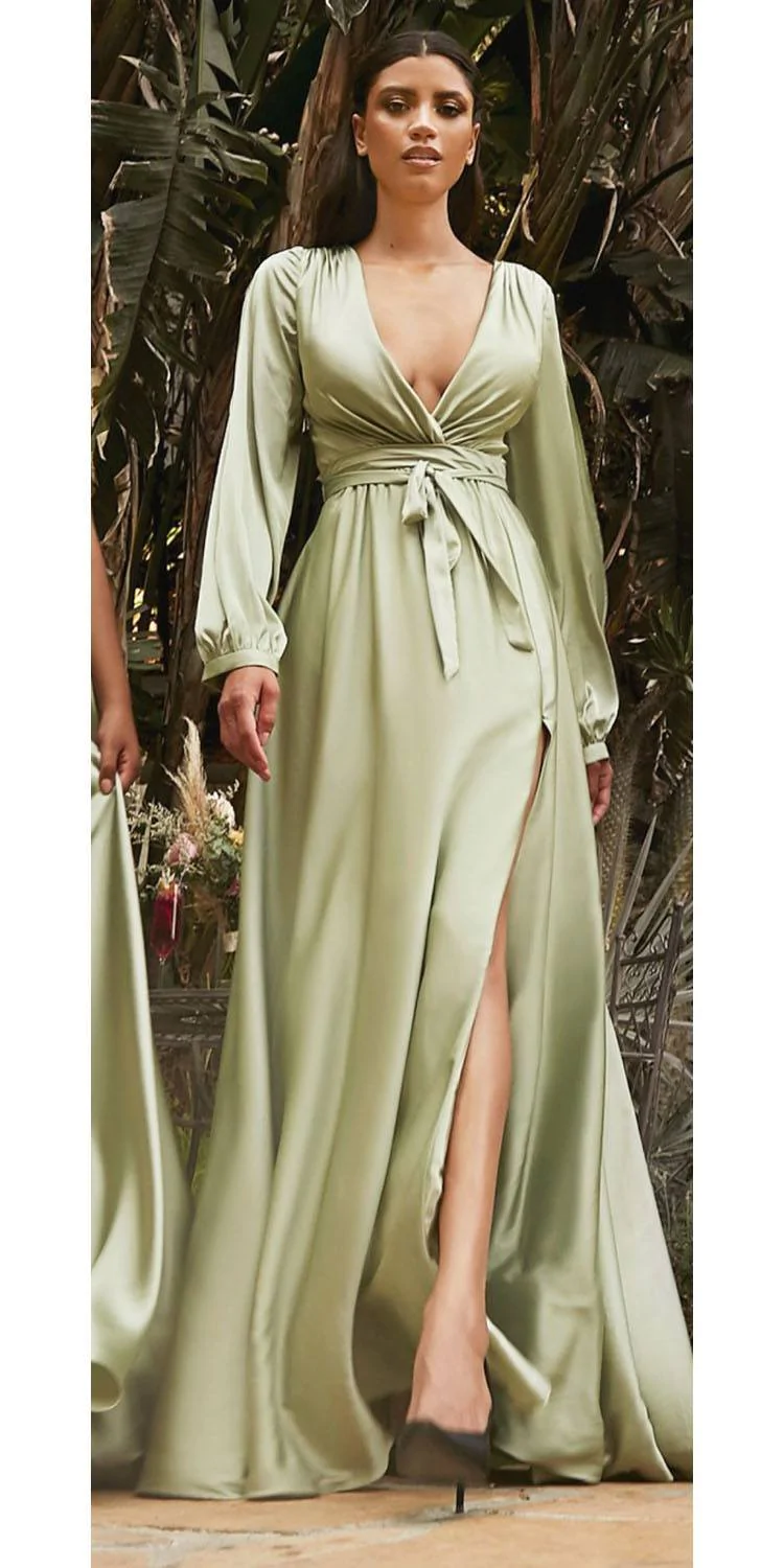 Deep V Neck Long Sleeve Satin Wrap Dress , Prom Dress C1393