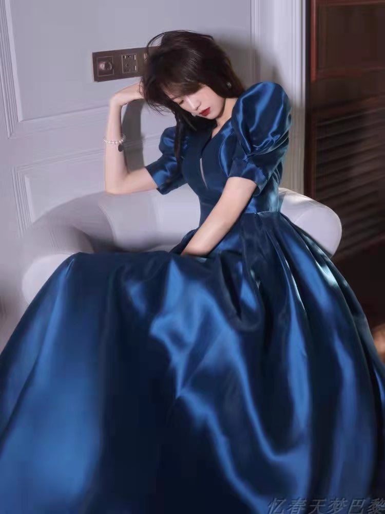 Yellow/Blue satin long A line prom dress evening dress C856