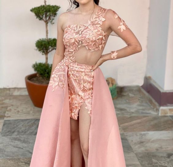 Light Pink One Sleeve Charming Evening Dress Embroidered Appliques Charming Evening Dress cc179