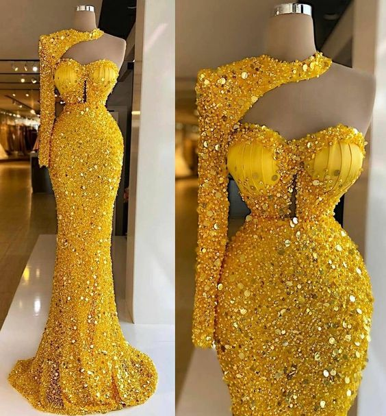 Yellow sequin mermaid long prom dress, sexy evening dress C1763