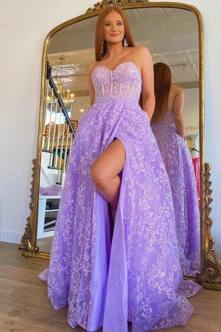 Sparkle Princess Bustier Puff Sleeve Lace Long Prom Dress Detachable Sleeves Evening Dress c2486