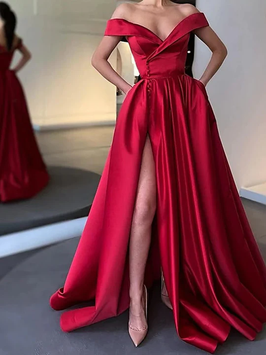 Elegant Long Blue Satin Off the Shoulder Prom Dress Formal Evening Gowns cc475