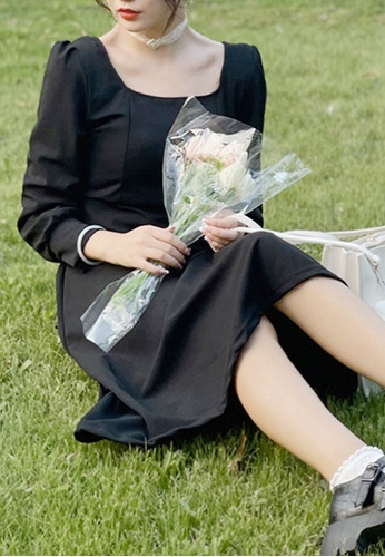 Gentle style Hepburn square neck little black dress Simple Prom Dress Party Dress With Long Sleeves C1557