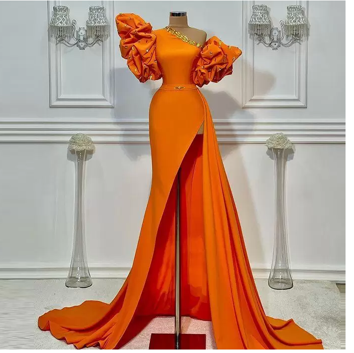unique evening dresses long orange beaded mermaid elegant simple formal evening gown C1962
