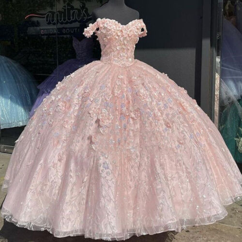 Pink Quinceanera Dresses 3D Flowers Off The Shoulder Sweet 15 Prom Ball Gowns c3159