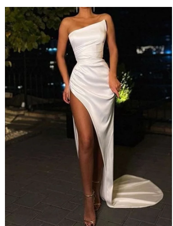 Sheath/Column Strapless Ruched Satin Sleeveless Sweep/Brush Train Long Prom Dresses C403