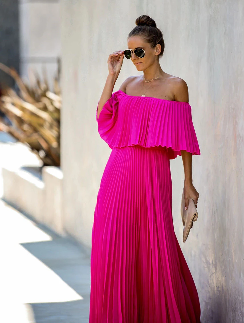 Elegant Off Shoulder Chiffon Summer Ruffle Pleated Prom Dresses C749