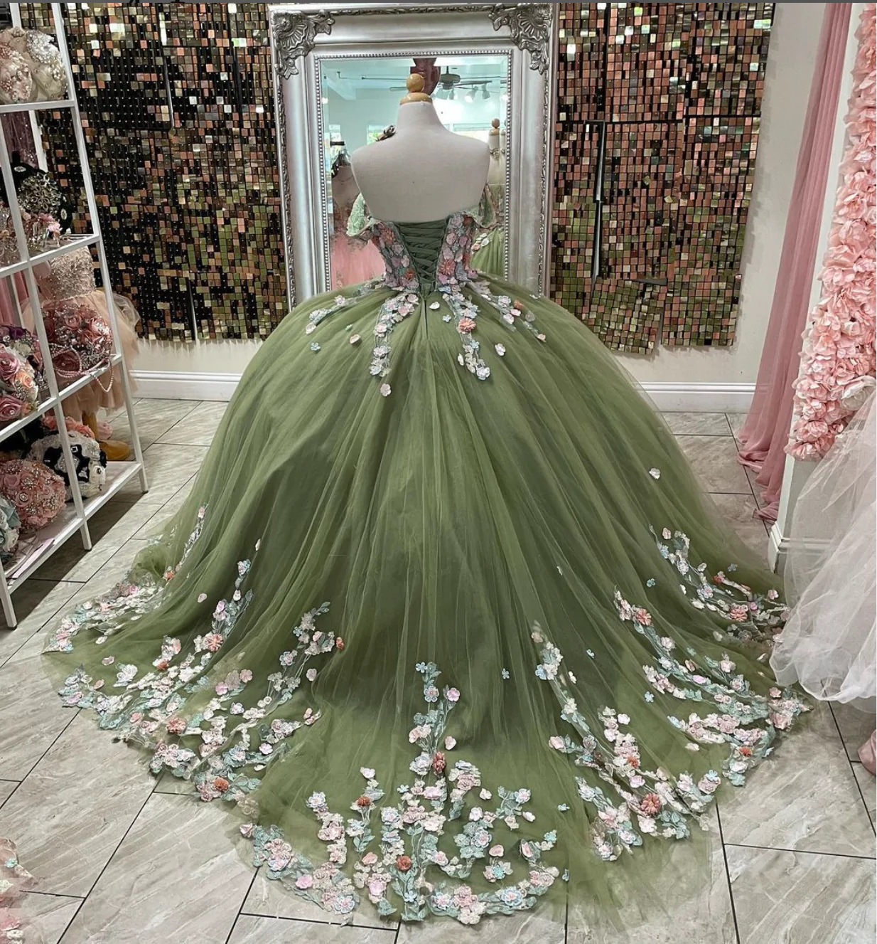 Off The Shoulder Tulle Ball Gown Sweet 16 Dress With Flowers c3347