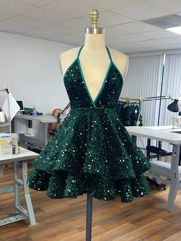 Sequin Party Dress V Neck Ruffle Mini Dress Custom Back to School Dress cc171