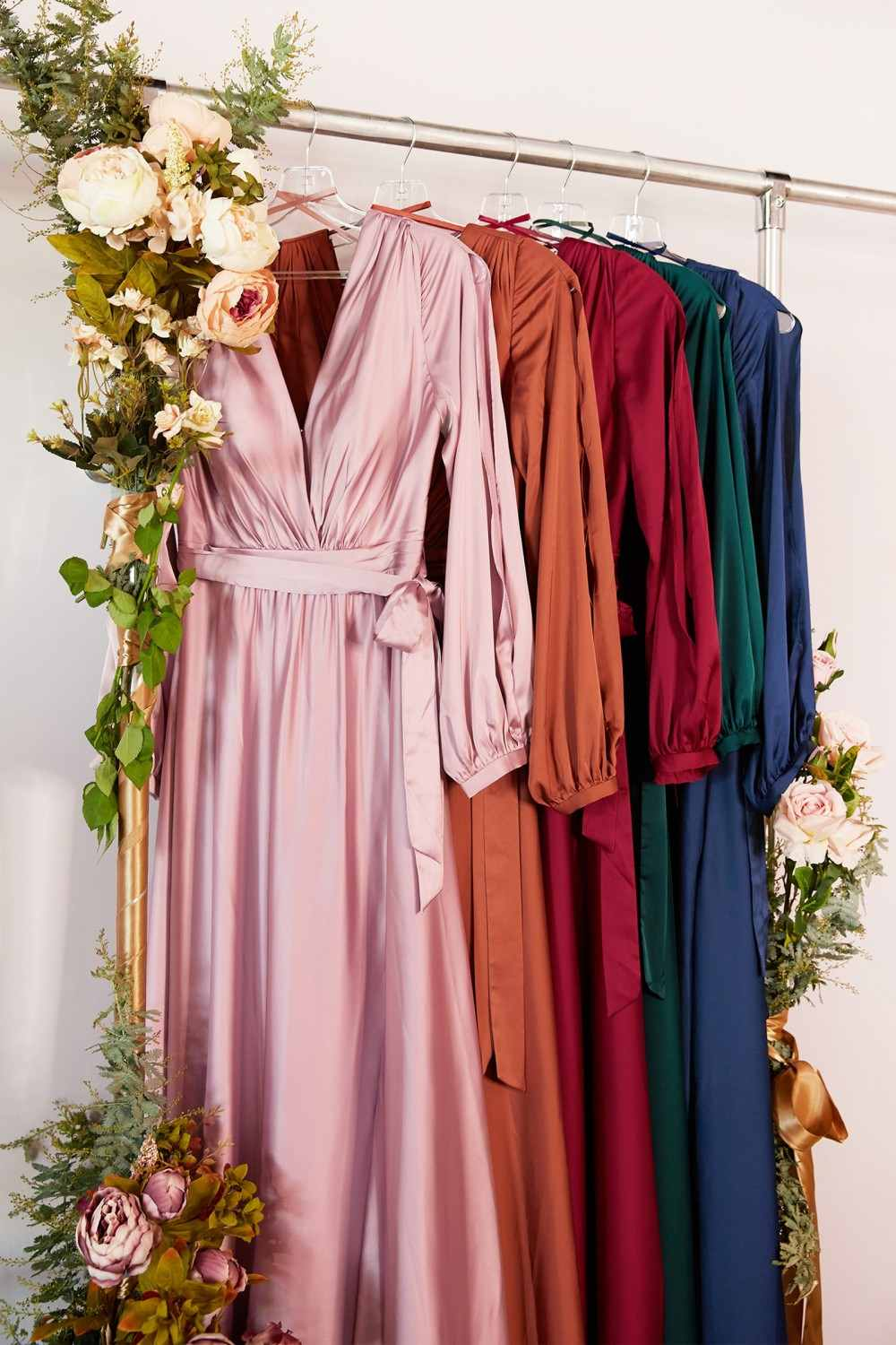 Deep V Neck Long Sleeve Satin Wrap Dress , Prom Dress C1393