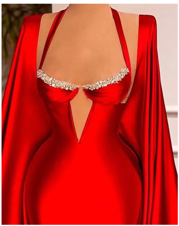 Elegant Red Satin Mermaid Prom Dresses with Long Scarves High Side Formal Evening Gowns C2394