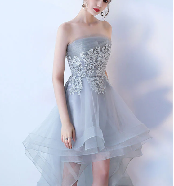 Gray tulle lace high low prom dress, cute homecoming dress c2611