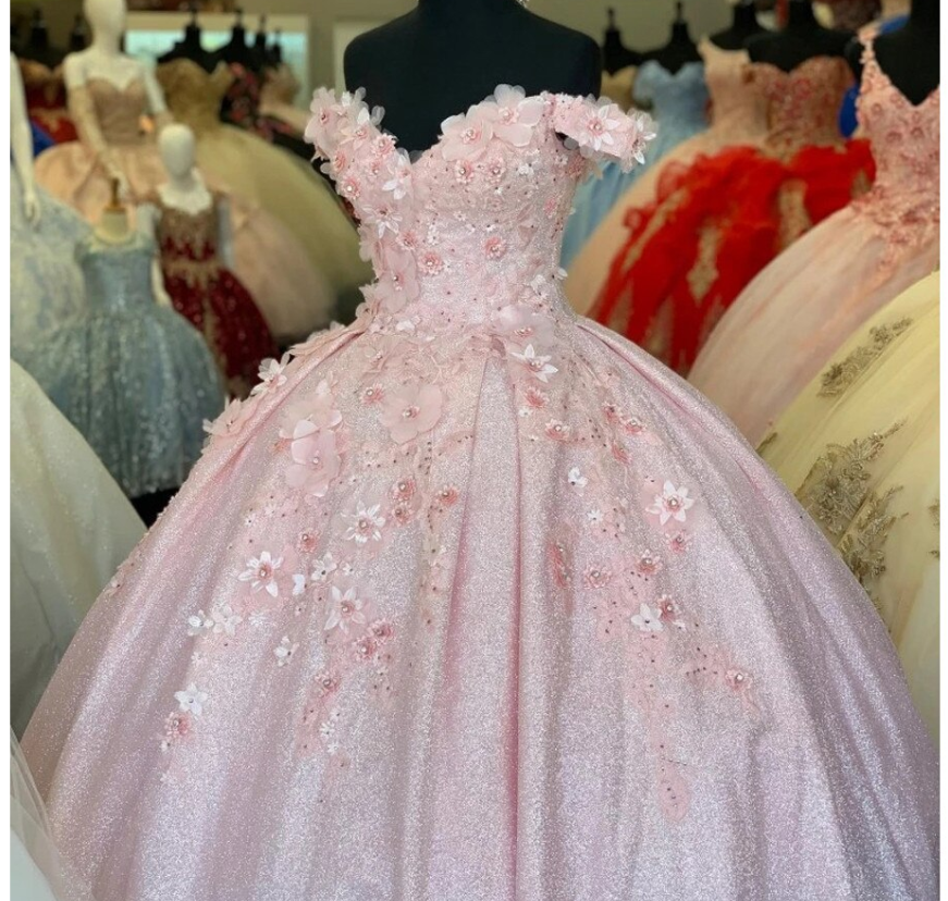 Pink Glitter Sweetheart Prom Dress Ball Gown Women's Sequined Corset Dress 3D Applique Beaded Masquerade Dress C990