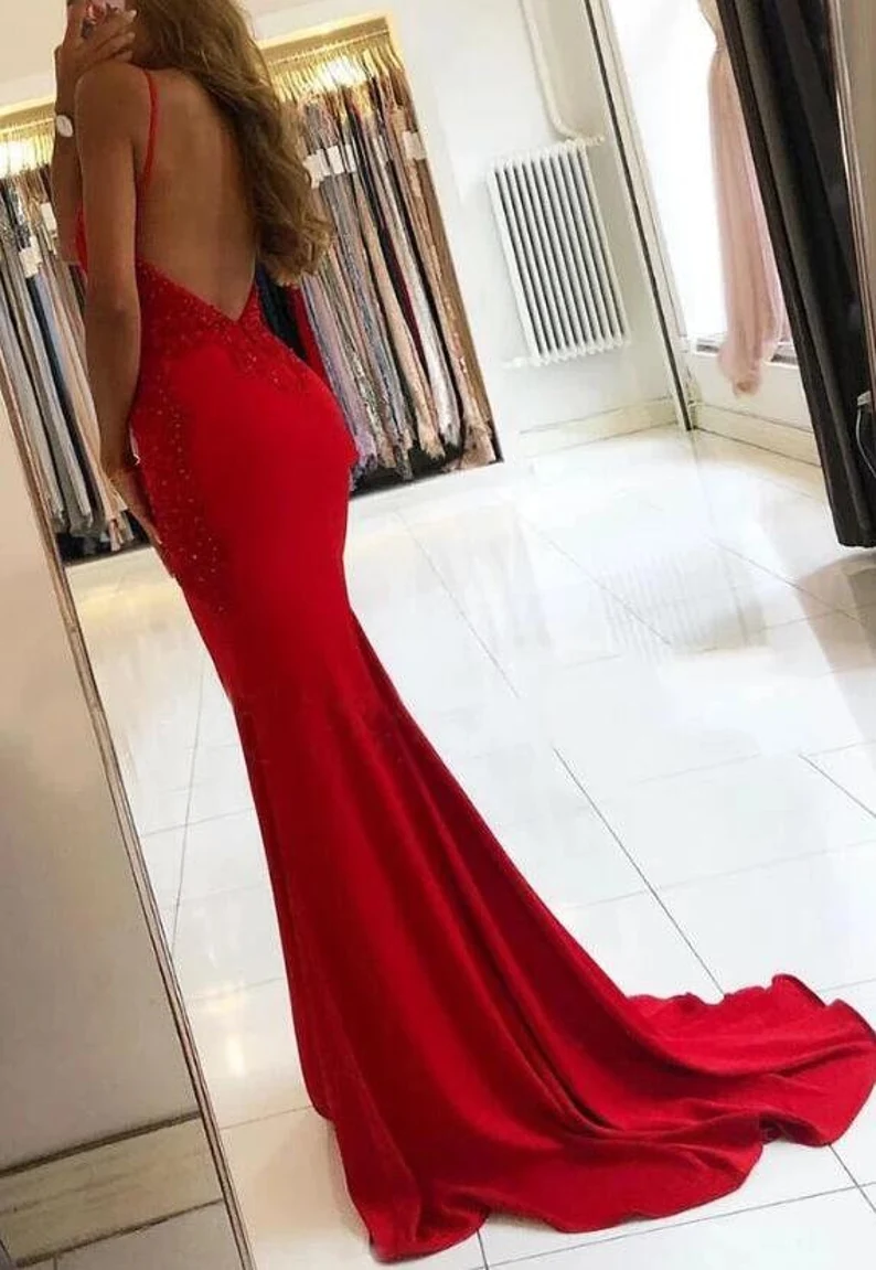V Neck Mermaid Backless Lace Beaded Red Long Prom Dresses, Mermaid Red Lace Formal Dresses C441