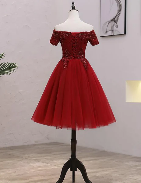 Tulle Dark Red Off The Shoulder Knee Length Homecoming Dress, Red Party Dress c2621