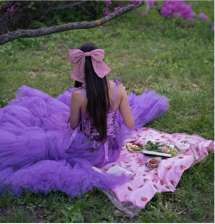 Purple A line Tulle Prom Dresses with Side Slit, Appliques Party Dress C2374