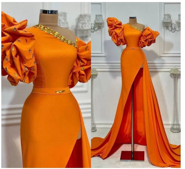 unique evening dresses long orange beaded mermaid elegant simple formal evening gown C1962