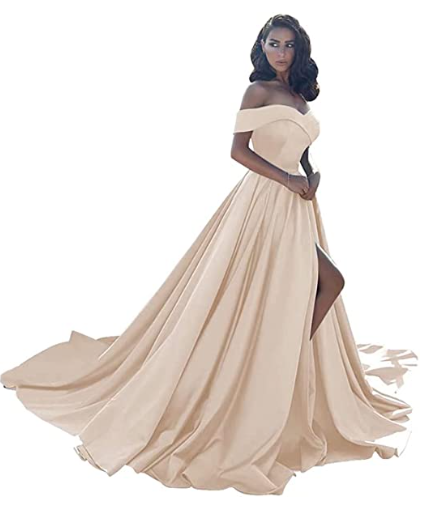 A-Line Off Shoulder Court Train Satin Elegant Formal Prom Dress C909