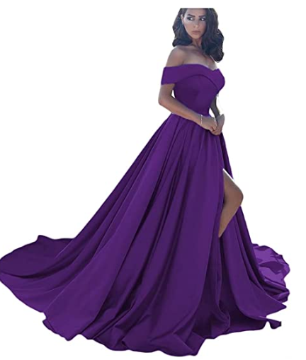 A-Line Off Shoulder Court Train Satin Elegant Formal Prom Dress C909