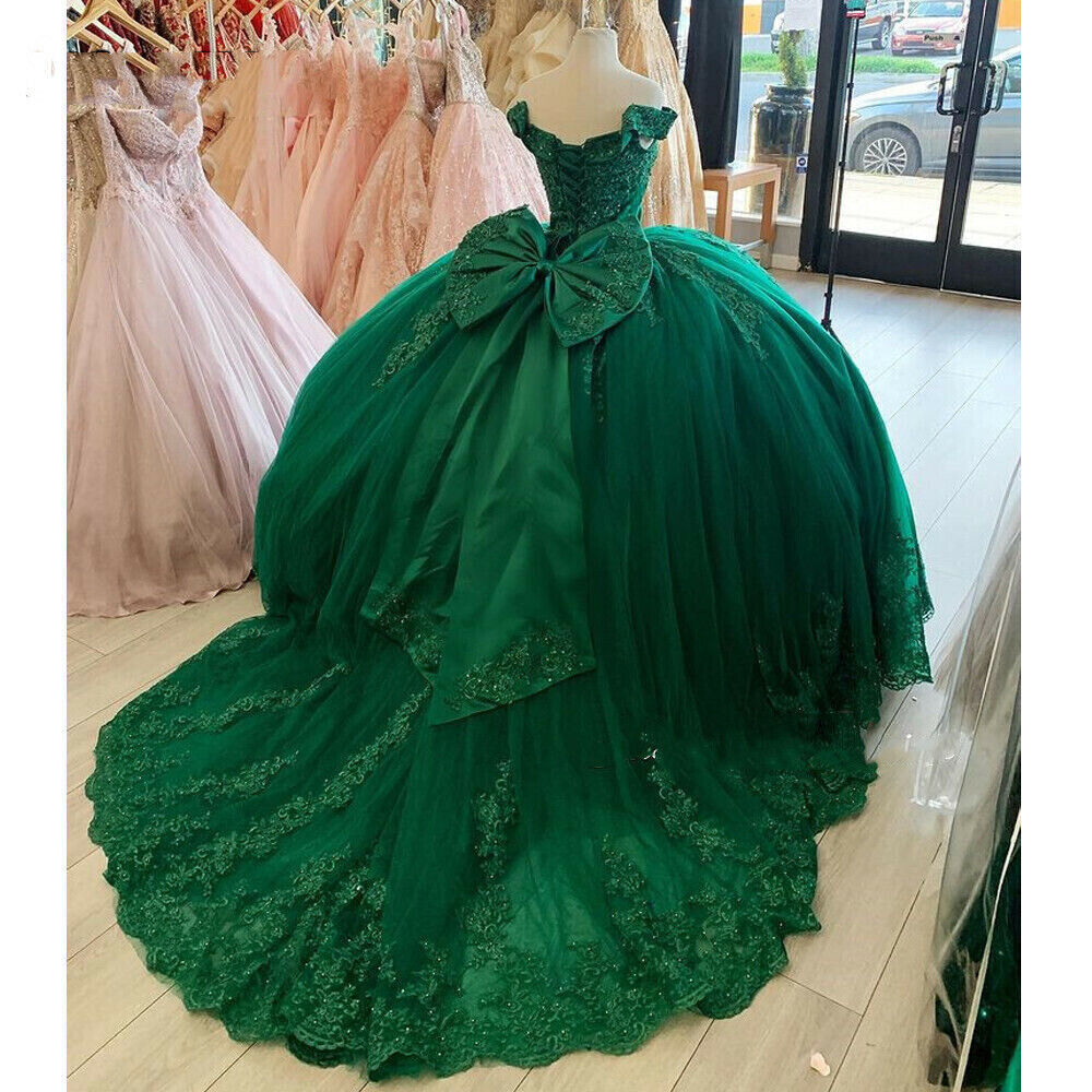 Off The Shoulder Ball Gown Satin Princess Dress With Lace Back With Big Bow cc477