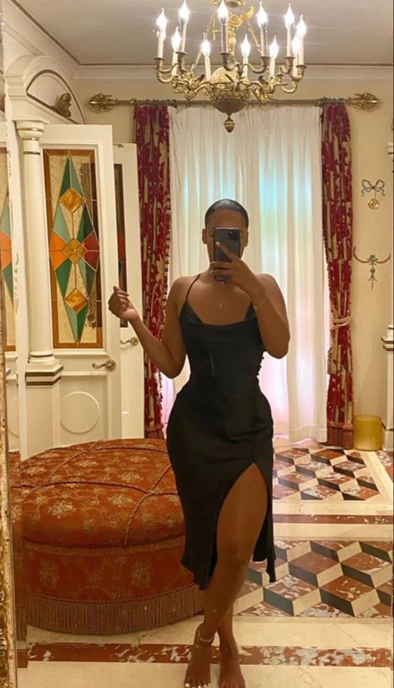 tight sheath black homecoming dress with split cc31