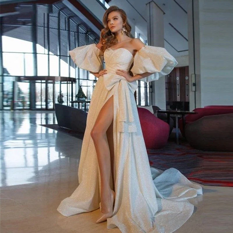 Sparkle Sweetheart White A-Line Evening Dress Elegant Women Prom Dress Off Shoulder Bow Split Puffy Sleeves cc172