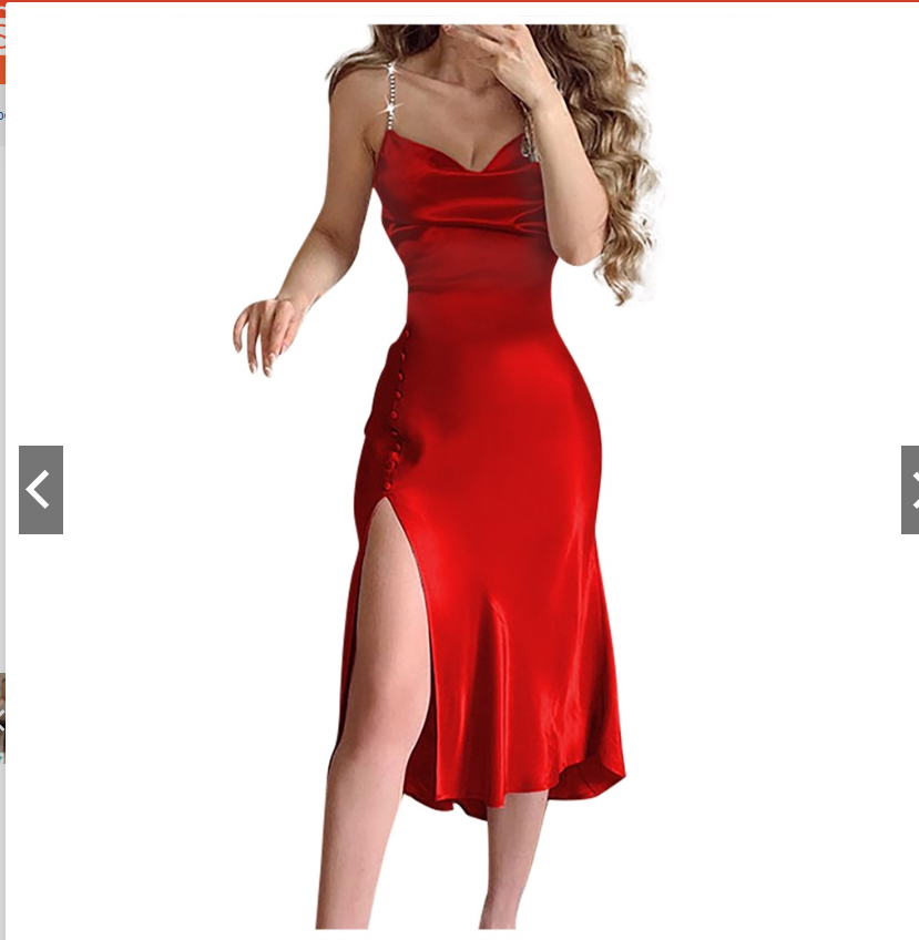 Studded Strap Buttoned Cowl Neck High Slit Satin Dress Party Dress C2229