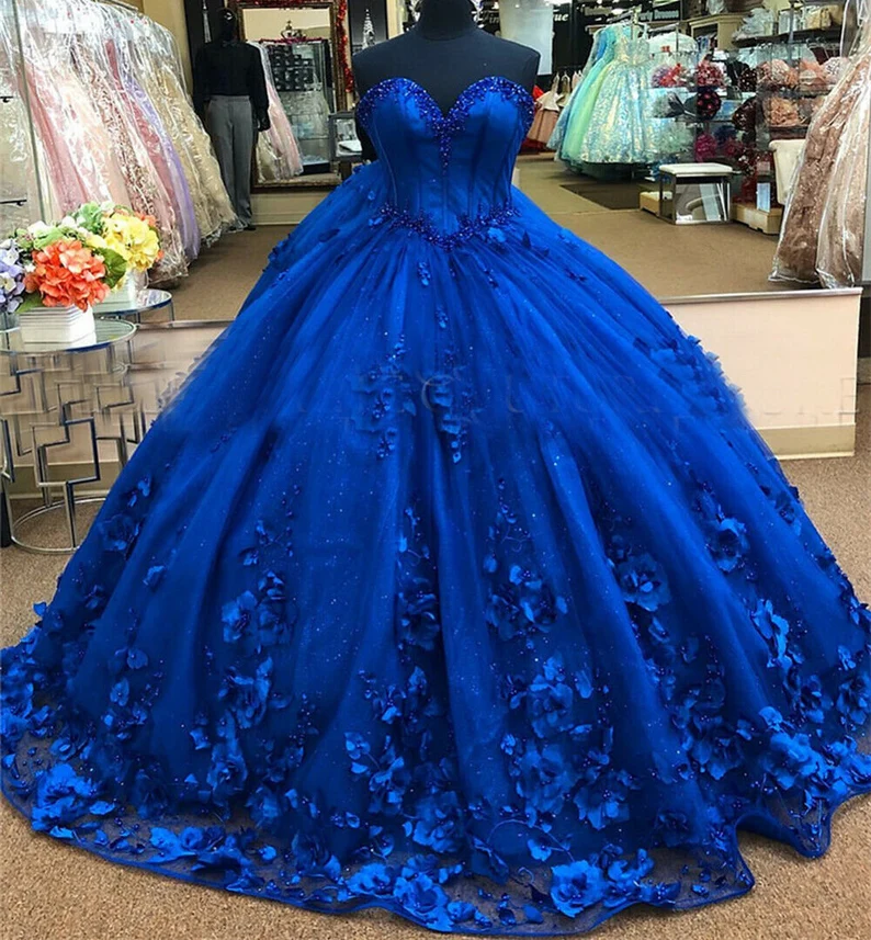 Royal Blue Princess Dress, Royal Blue Quinceanera Dress With Flowers Stunning Ball Gown cc411
