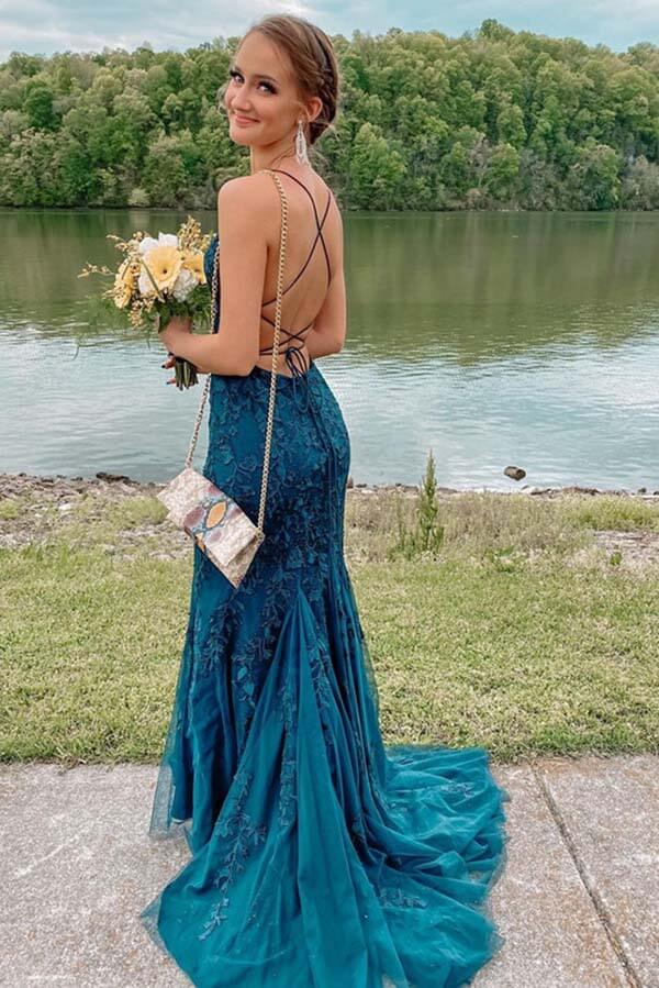 Tulle Lace Mermaid Spaghetti Straps Prom Dresses, Long Formal Dress,event dresses elegant cc350