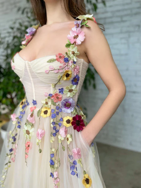 Tea Length Straps Homecoming Dress With Flower, Cocktail Dresses With 3D Flower c2709