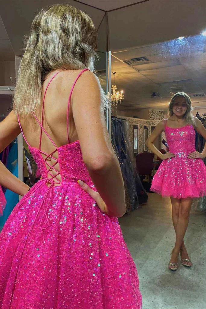 Glitter Straps Hot Pink Short Homecoming Dress c2706