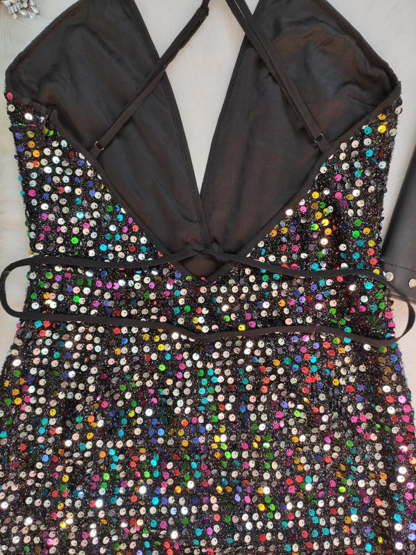 Black shiny multi colored evening short sexy mini dress neckline sequins party dress cc63