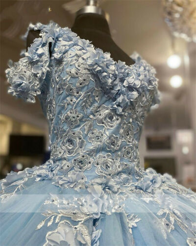 Baby Blue Off Shoulder Quinceanera Dresses Beaded 3D Flowers Ball Gown Sweet 16 Dress c3252