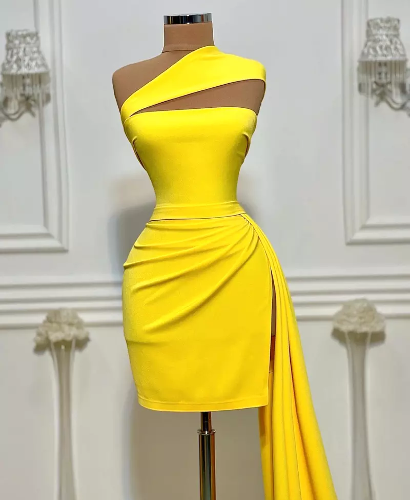 Yellow dinner short gown simple party dress c2653