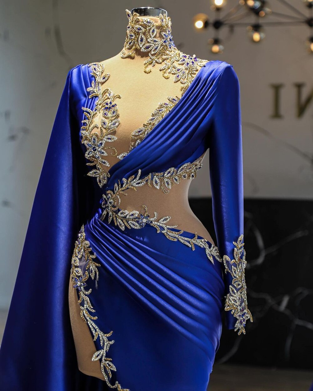 royal blue prom dresses, high neck prom dresses, Women Evening Dress Long Sleeve Blue Lace Appliques High Slit Arabic Style Prom Dress c2719