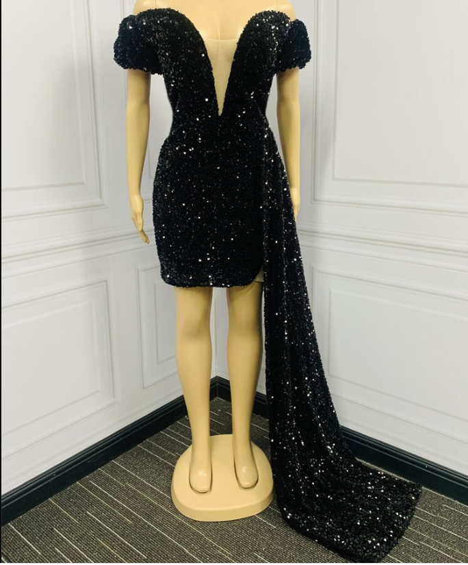 Women Black Sequins Prom Dresses Skirt Black Girl Formal Party Cocktail Homecoming Dress Robe De Princess c2552