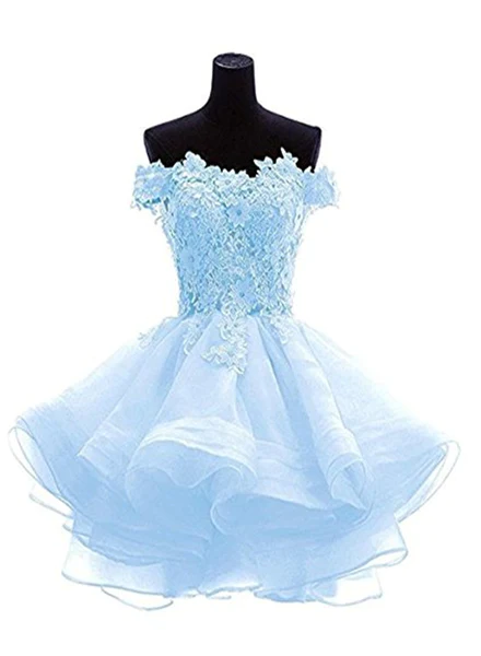 White sweetheart lace applique short cute white homecoming dress Off Shoulder Organza Short Lace Applique Teen Formal Dress c3219