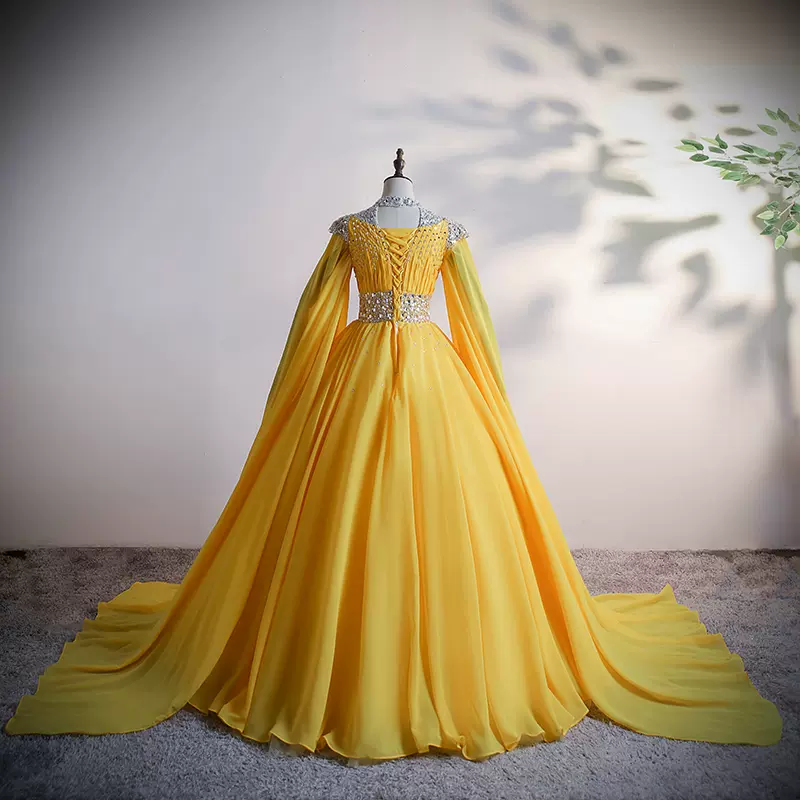 Yellow Chiffon Long Beaded Ball Gown Formal Dress, Yellow Formal Dress, Prom Dress C2133
