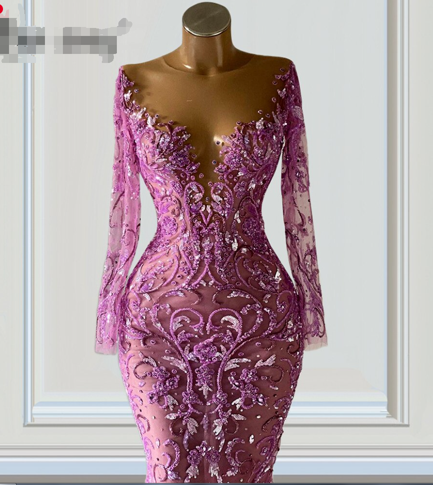 Long Sleeve Women's Evening Dress Purple Mermaid Evening Gowns Handmade Beaded Wedding Evening Dress c2871