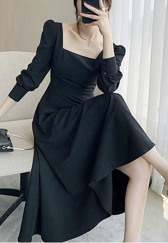 Gentle style Hepburn square neck little black dress Simple Prom Dress Party Dress With Long Sleeves C1557